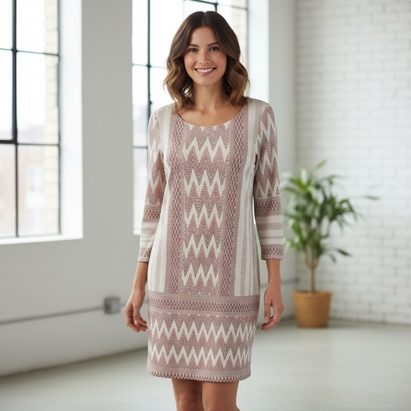 BCBGMaxAzria Dresses & Skirts - BCBGMaxAzria Long Sleeve Zigzag Dress - Cream and Brown